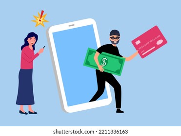 Credit Card Online Payment Scam Concept. Internet Hacker Stealing Money Cybercrime From Smartphone Payment App. Woman Panic After Money Stolen Via Mobile App.