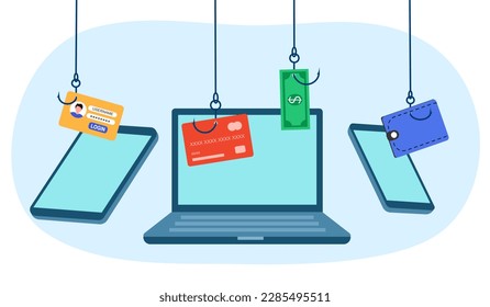 Credit card online payment scam concept. Internet phishing hacker stealing money cybercrime from digital devices.