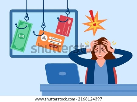 Credit card online payment scam concept. Internet hacker stealing money, user account from computer. Woman panic after money stolen via internet.