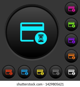Credit card operation in progress dark push buttons with vivid color icons on dark grey background