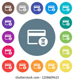 Credit card operation in progress flat white icons on round color backgrounds. 17 background color variations are included.