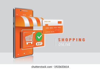 Credit card and order confirmation icons float in front of the smartphone shop for delivery and online shopping concept design,vector 3d isolated on white and gray background for advertising design