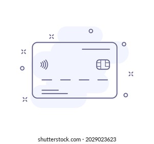 credit card outline vector illustration isolated on white. credit card purple line icon with light pink background and decorations. for web and ui design, mobile apps and print polygraphy
