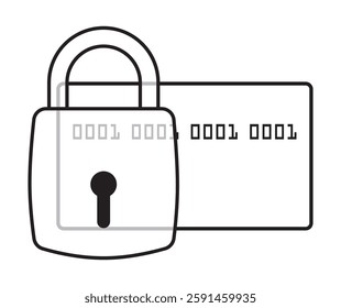A credit card and padlock symbolizing secure payment in a simple design. Outlined credit card icon behind a padlock, symbolizing secure transactions and financial protection. Vector illustrations