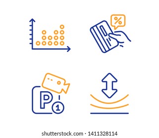 Credit card, Parking security and Dot plot icons simple set. Resilience sign. Loan percent, Video camera, Presentation graph. Elastic. Technology set. Linear credit card icon. Colorful design set