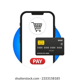 Tarjeta de crédito con botón de pago en pantalla móvil con teléfono móvil con mano. Concepto de compras en línea. La factura de gastos está en el teléfono móvil. Paga facturas con teléfono móvil. Ilustración del vector