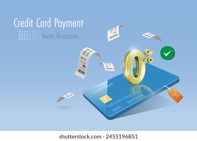 Credit card payment with 0% interest rate for online shopping with secure money protection. Money spending, online banking, financial concept. 3D vector created from graphic software.