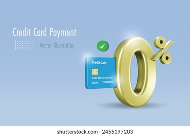 Credit card payment with 0% interest rate for online shopping with secure money protection. Money spending, online banking, financial concept. 3D vector created from graphic software.