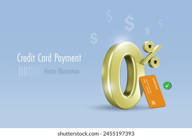 Credit card payment with 0% interest rate for online shopping with secure money protection. Money spending, online banking, financial concept. 3D vector created from graphic software.