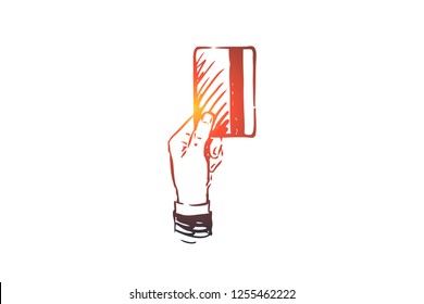 Credit, card, payment, commerce, banking concept. Hand drawn credit card in human's hand concept sketch. Isolated vector illustration.