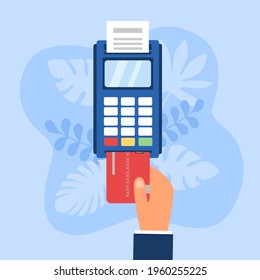Ilustración vectorial del concepto de pago con tarjeta de crédito. Inserción manual de tarjeta de crédito en la máquina de postventa. Terminal de pago.