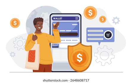 Credit card payment concept. Woman near smartphone with bank card. Cashless transfers and transactions. Electronic wallet. Online shopping. Flat vector illustration