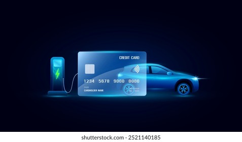 Credit card payment to EV car. Electric vehicle and charging station. Alternative clean energy future to automotive industry. Environment energy technology. Banner vector EPS10.