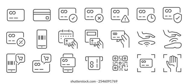 Conjunto de ícones de cartão de crédito e pagamento. Incluía contextos como pagamento, pagamento posterior, pagamento por palma, compra, digitalização e muito mais. Traçado de vetor editável.