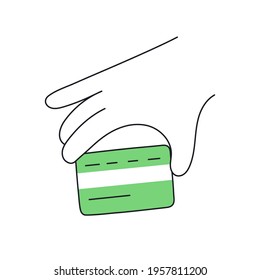 Credit card payment, line hand holding a plastic card. Payment, purchase, credit card tap. Thin line vector illustration on white.