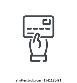 Credit card payment line icon. Hand holding a credit card vector outline sign.