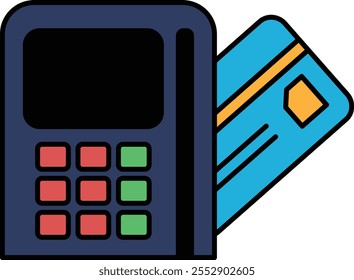 A credit card and a payment machine are shown together. Concept of making a payment using a credit card