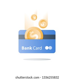 Credit card, payment method, bank services, easy loan, cash back program, saving money, financial solution, bank card, dollar coin, deposit and withdraw, transaction security, vector icon