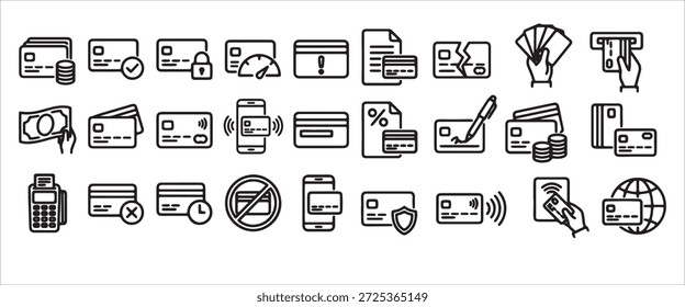 Conjunto de iconos de línea de tarjeta de crédito y método de pago