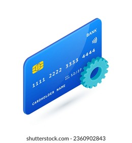 Credit Card Payment options 3D icon. Vector Isometric plastic card with blue gear. Banking settings symbol. Financial optimization, money transfer settings concept for web, app