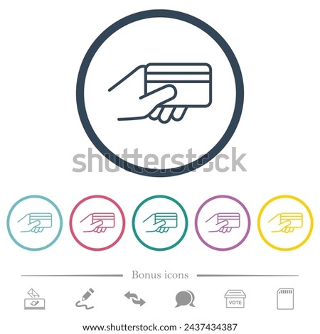 Credit card payment outline flat color icons in round outlines. 6 bonus icons included.
