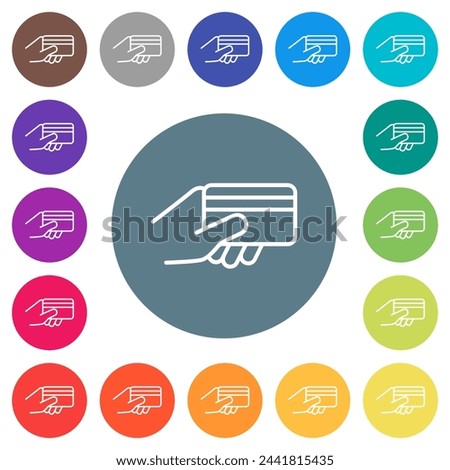 Credit card payment outline flat white icons on round color backgrounds. 17 background color variations are included.