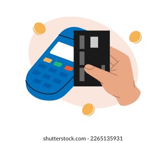 Credit card payment with POS terminal. Mobile banking app and e-payment. Paying by NFC function. Mobile payment. Wireless contactless NFC payments.