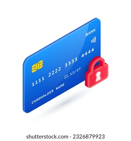 Credit Card Payment protection 3D icon. Vector Isometric plastic card with red padlock. Safe purchase, blocked payment symbol. Banking transaction security, e-money protection concept for web, app