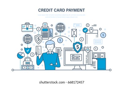 Credit card payment, secure transactions, business, finance, bank, banking, protection of deposits, money transfers. Illustration thin line design of vector doodles, infographics elements.