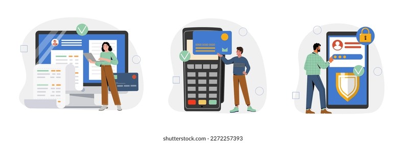 Credit card payment set. Electronic money, transfers and transactions, Banking operations at internet. Online and safety payments. Cartoon flat vector illustrations isolated on white background