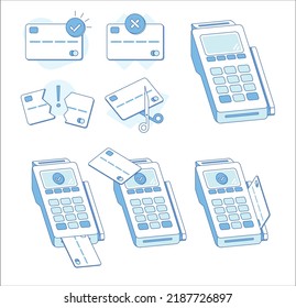 Credit card payment set illustration with edc machine. Declined, accepted, expired credit card