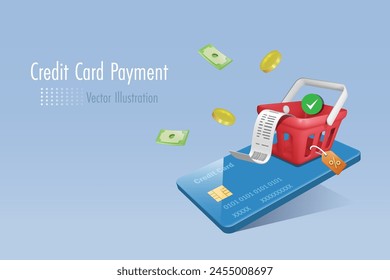 Credit card payment. Shopping basket on credit card with bill receipt for online shopping with secure money protection. Money spending, online banking, financial concept. 3D vector.