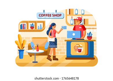 Credit card payment system with Coffee shop on background. Vector Illustration Concept.