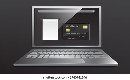 A credit card payment template on the website with a graphic element is a credit card, notebook computer, and receipt paper,vector shopping online concept design