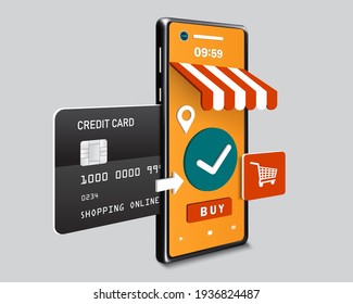 Credit card payment template for online shopping via smartphone application,vector 3d on white background for delivery and shopping online concept design