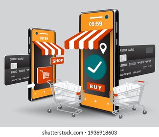 Credit card payment template for online shopping via smartphone application,vector 3d for shopping online concept design ,smartphone store for online sale