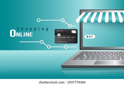 Credit card payment template for online shopping via laptop computer application for online shopping concept design,vector 3d illustration