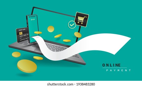 Credit card payment template for online shopping via laptop computer and smartphone application for online shopping concept design,vector 3d isolated on green background
