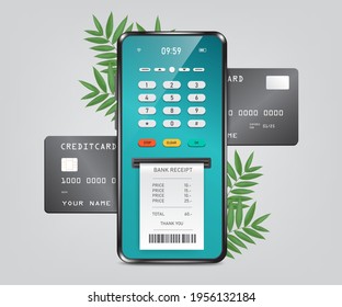 Credit card payment template through a smartphone application,Receipt paper flows from the card reader after the credit card is inserted into the slot,vector3D finacial concept design