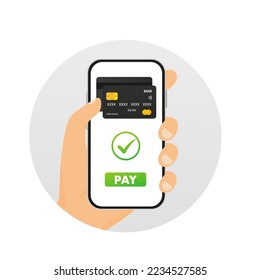 Credit card payment through e-wallet on phone. Hand holding Mobile banking, contactless payment. NFC payments. Banking, financial applications and electronic payments. Vector illustration