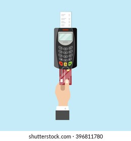 Credit card payment, transaction, mobile banking. POS terminal. Hand holds credit card. Vector flat style illustration. 