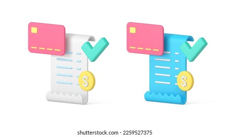 Credit card payment verification success transaction receipt confirmation 3d icon set realistic vector illustration. Commercial paying e money transfer banking accounting shopping purchase service