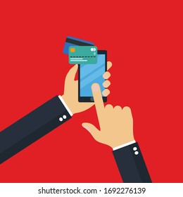 credit card payments concept - hand holds smartphone credit card mobile payments.Conceptual vector illustration in flat style design.Isolated on background.