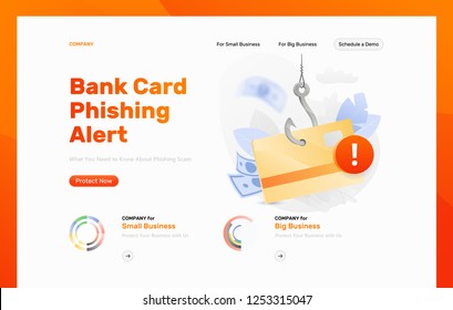 Design-Vorlage für die Phishing-Vektorillustration von Kreditkarten. Bankkarte auf einem großen symbolischen Haken mit einem Warnzeichen. Konzept der Cyberkriminalität und des Betrugs.