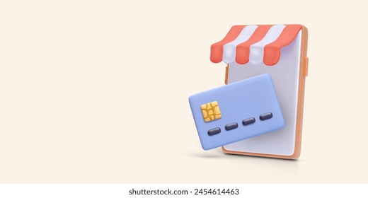 Credit card with phone in 3d realistic style isolated on light background. Vector illustration