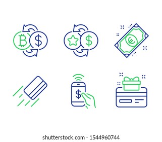 Credit card, Phone payment and Loyalty points line icons set. Euro money, Bitcoin exchange and Loyalty card signs. Bank payment, Mobile pay, Change dollar. Cash. Finance set. Vector