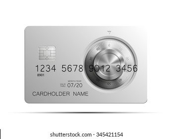 Credit card picture. Full color Bank card with the image a combination lock on the front side. Plastic card with steel safe. Debit card with chip. Reliable protection of financial investments