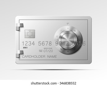 Credit card picture. Full color Bank card with image combination lock on the front side. Plastic card with steel safe. Debit card with chip. Reliable protection of financial investments & payments