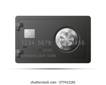 Credit card picture. Full color Bank card with image combination lock on the front side. Plastic card with steel safe. Debit card with chip. Reliable protection of financial investments & payments