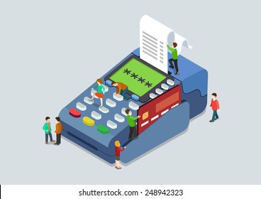 Credit card pin code payment terminal concept flat 3d web isometric infographic vector. Micro people pressing buttons scanning card, sales slip cheque. Creative people collection.